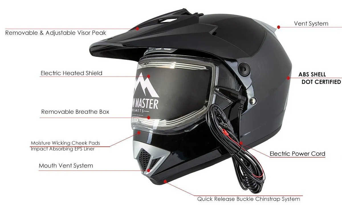 Snow Master TX45 Ultra Light Weight Glossy Black Dual Sport Snowmobile Motorcycle Full Face Helmet for Men & Women - DOT Approved for Bike Scooter ATV UTV Chopper Skateboard