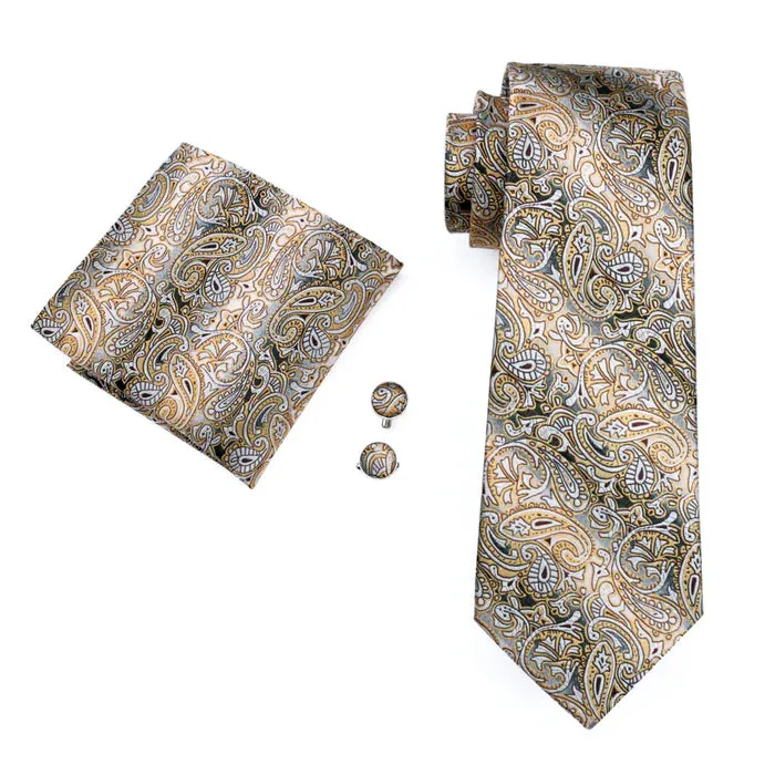 Yellow Paisley Tie Pocket Square Cufflinks Set